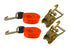 Orange tie down straps with mini j hook and finger ratchets.  this is a 2 pack