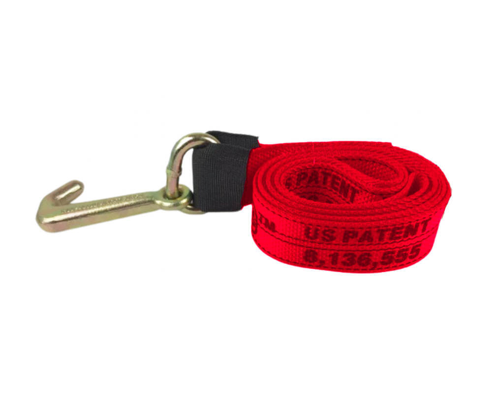 Red abrasion resistant Diamond Weave Tie Down Strap with a forged Mini J-Hook.