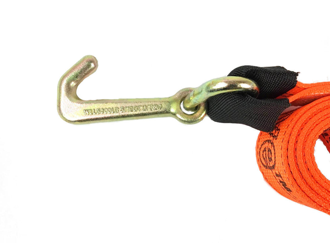 Orange Diamond Weave tie-down strap with forged mini j-hook on one end.