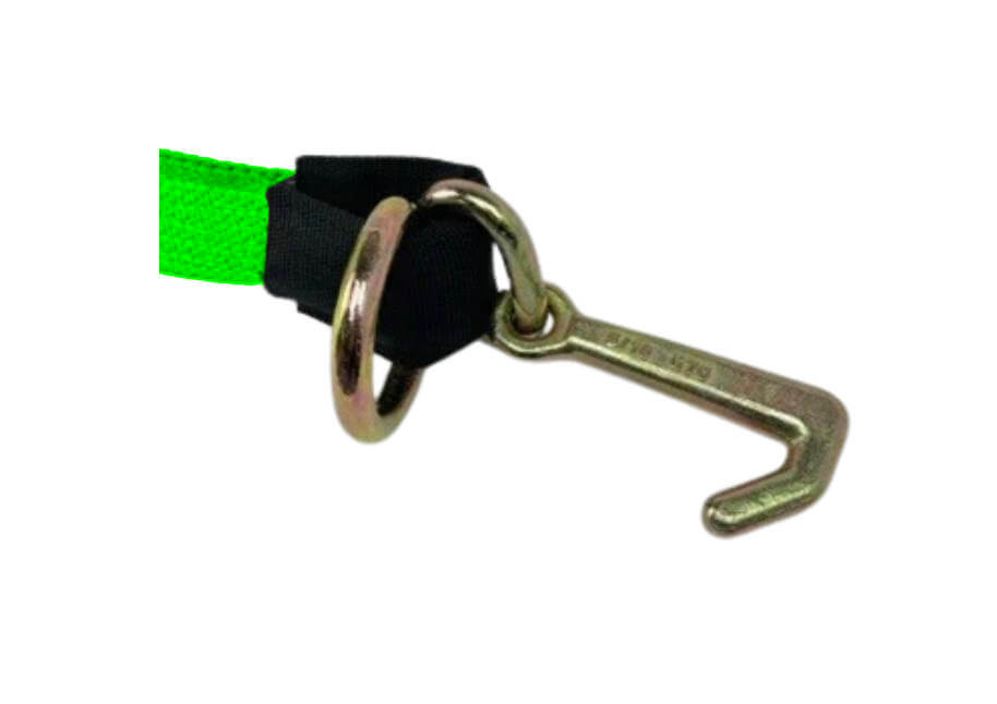 Tie Down Strap with a forged Mini J-Hook & D-Ring combo.  hi-vis green durable strap.