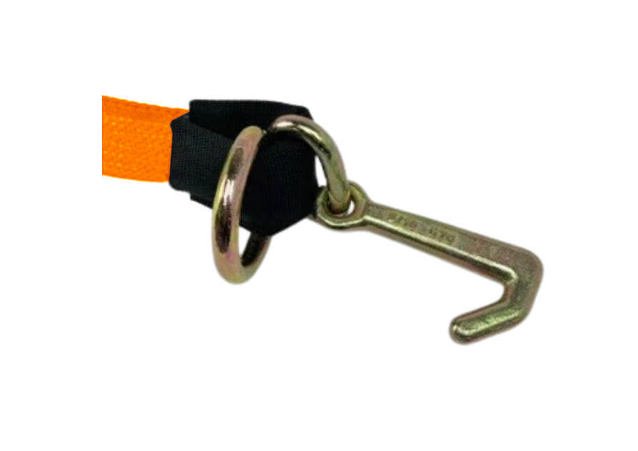 2"x10' hi-vis orange diamond weave tie-down with a mini-j-hook and d-ring combo. 2 hook styles in one strap.