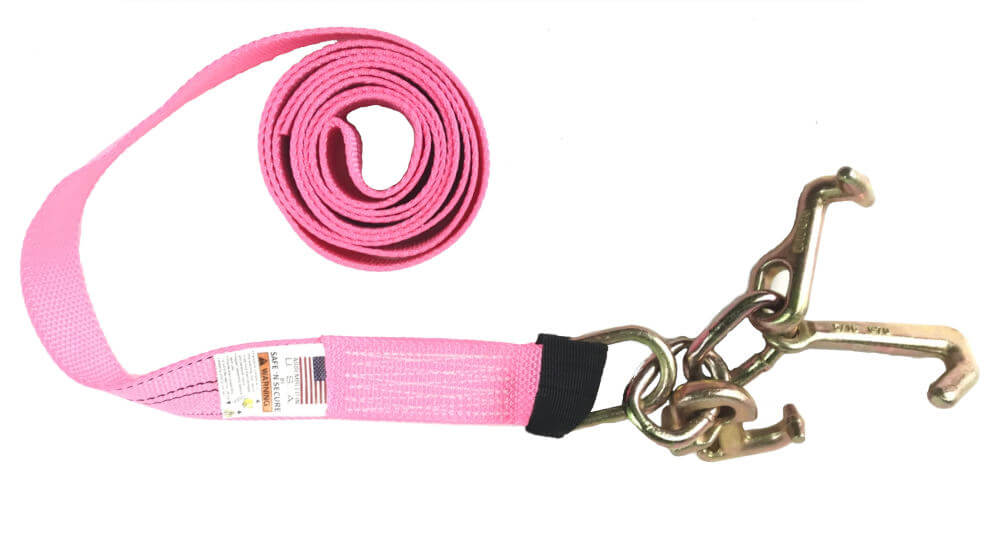 2" x 10' Pink tie-down strap with RTJ cluster hooks on one end.  Diamond Weave webbing