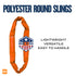 Orange polyester round sling with 'Made in USA' badge on a white background, featuring text about the product's features.