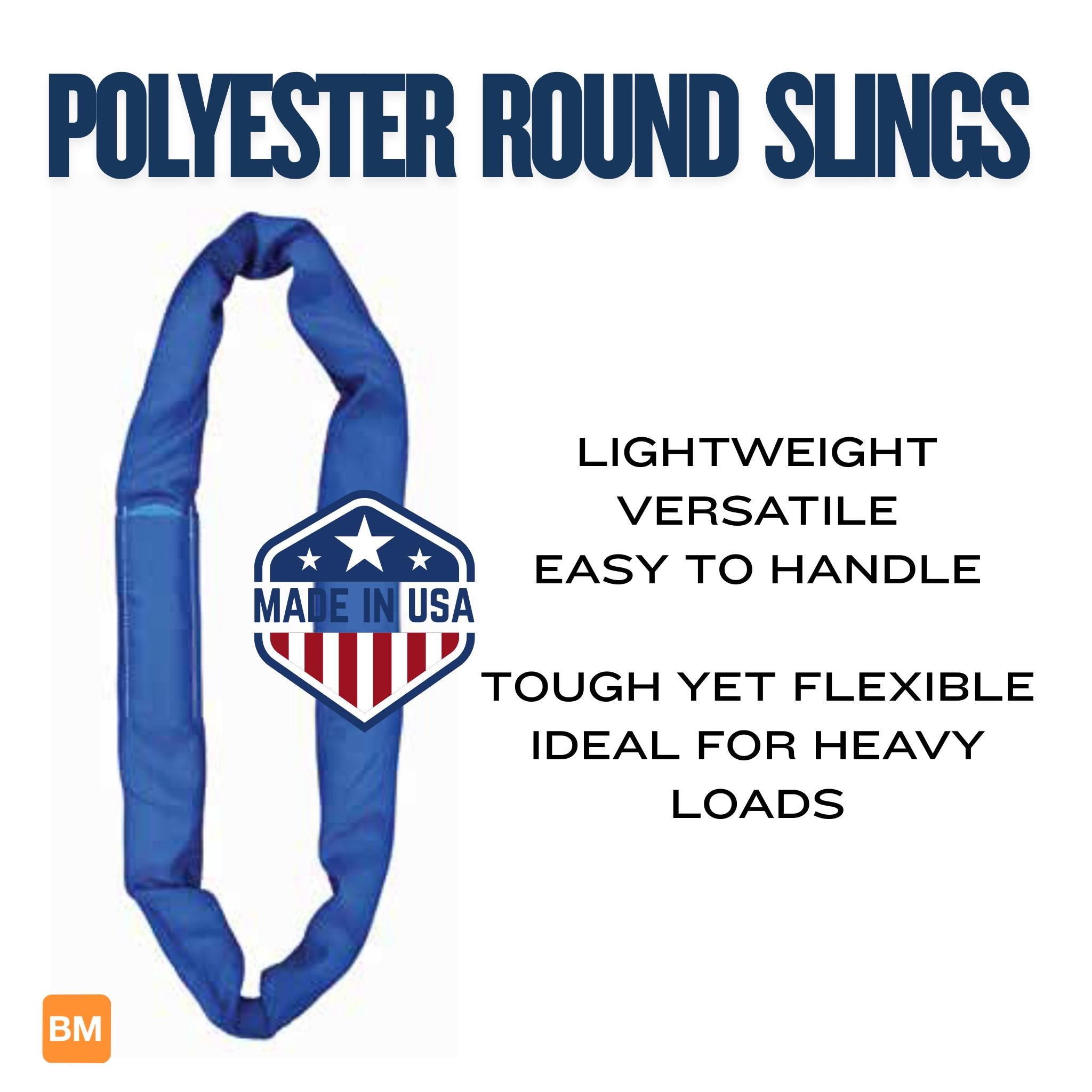 Blue polyester round sling with made in USA text and ext highlighting features 