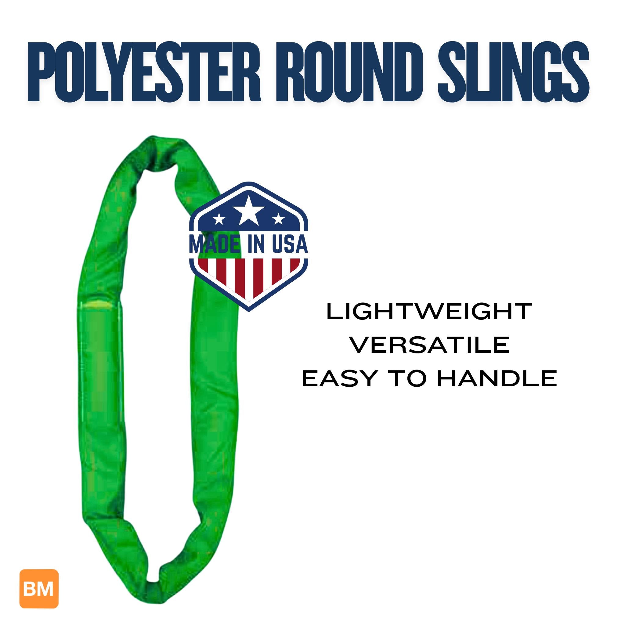 Green polyester round sling with 'Made in USA' label on a white background