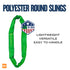 Green polyester round sling with 'Made in USA' label on a white background