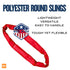 Red polyester round sling with 'Made in USA' label.  