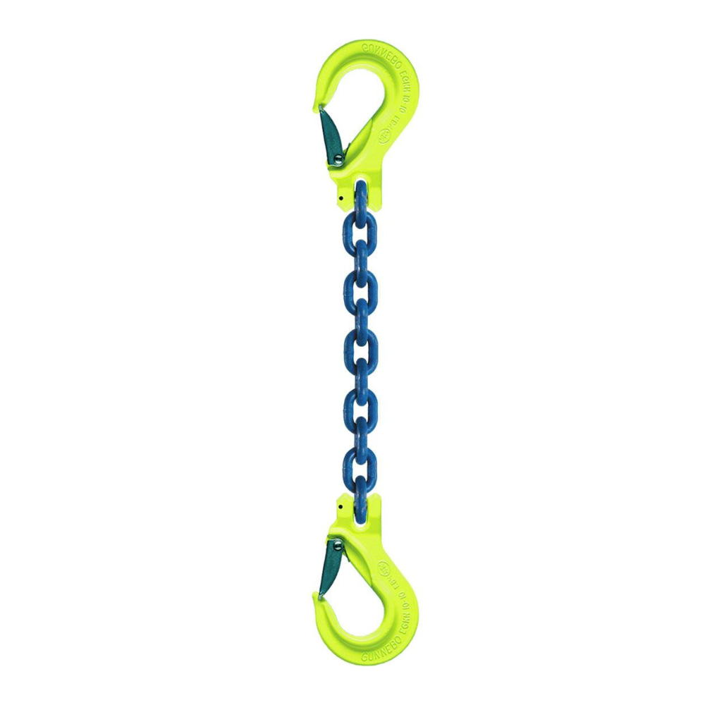 Grade 100 Lifting Chain Sling features a 1-leg design with Sling Hooks each end.  Gunnebo grabiq chains available at baremotion with Free US continental Shipping