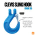 Grade 100 Blue clevis sling hook with safety latch on a white background