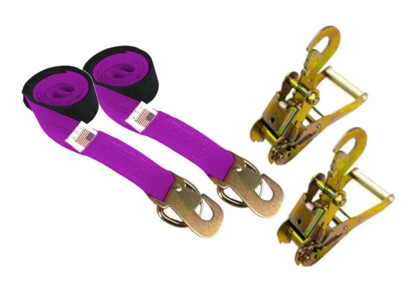 Lasso strap with ratchet with flat snap hooks - 2-pack.  Purple tie-downs.