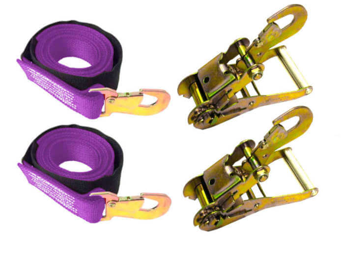 2-pack towing tie-down kit with 2" x 10' Purple snap hook strap comes with a Protective Sleeve and snap hook ratchets. 