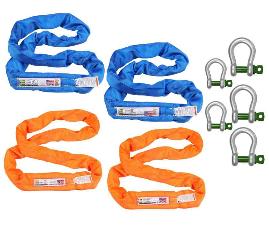 This kit includes Polyester Endless loop Round Slings Made in the USA &amp; appropriate Shackles by Green Pin Van Beest.  Comes with Blue and Orange round lifting slings