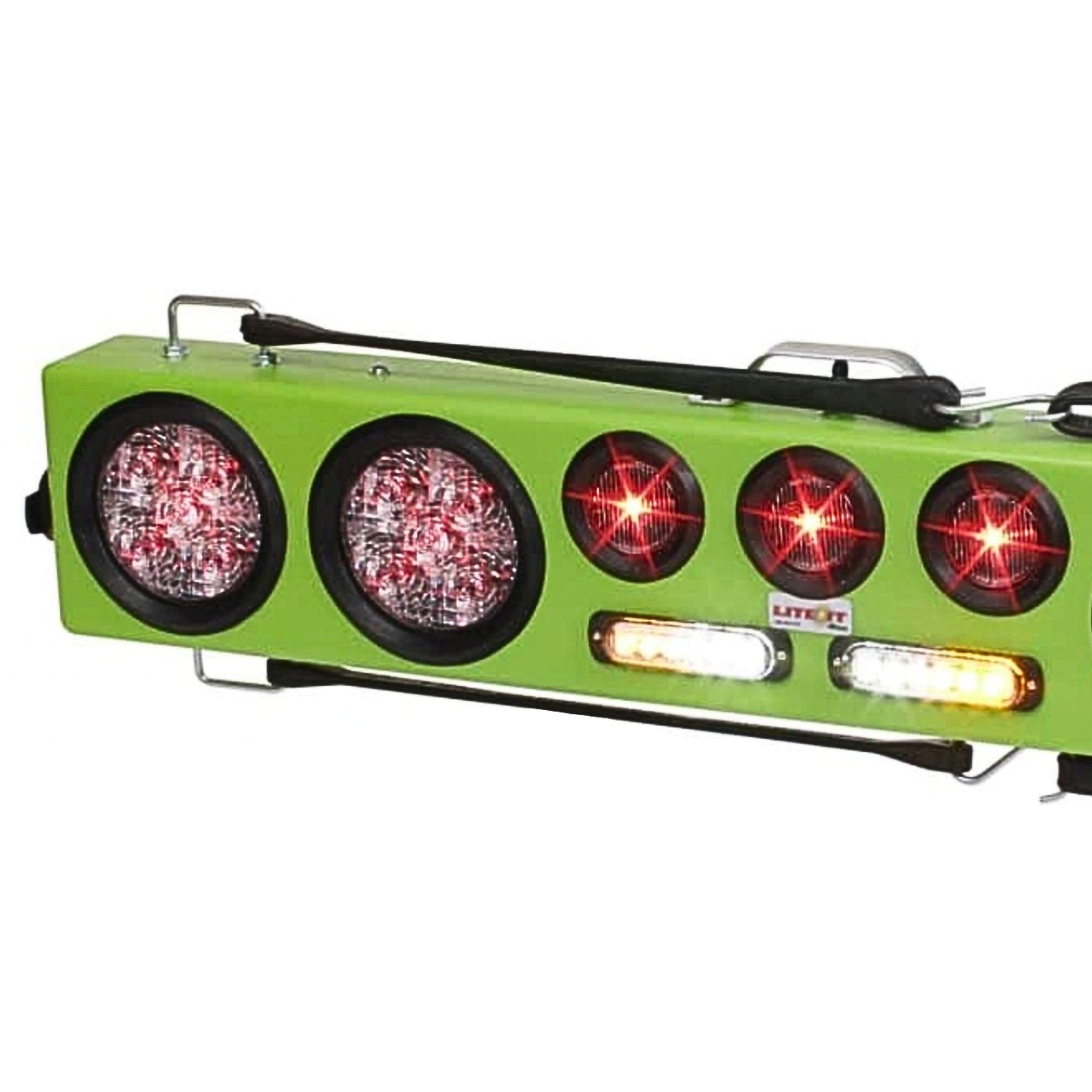 close up of the 36″ Lite-It Wireless Light Bar with Amber & White Strobes in a green casing