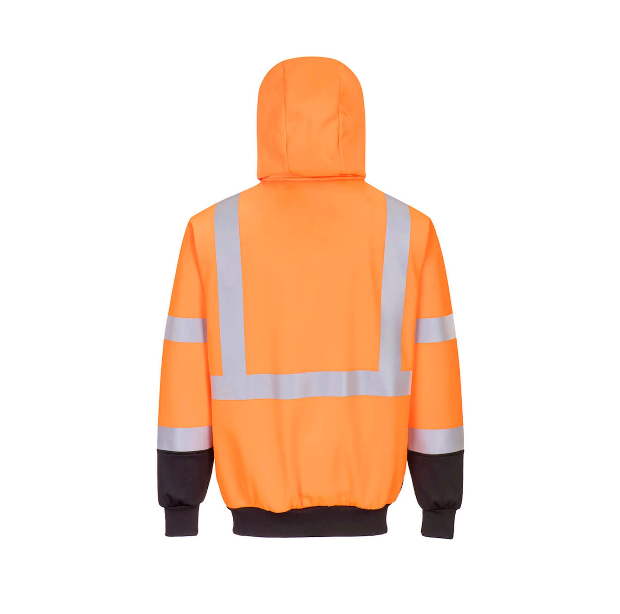 Orange safety jacket with reflective stripes on a white background.  Portwest UB315  Hi-Vis Contrast Zipped Hoodie
