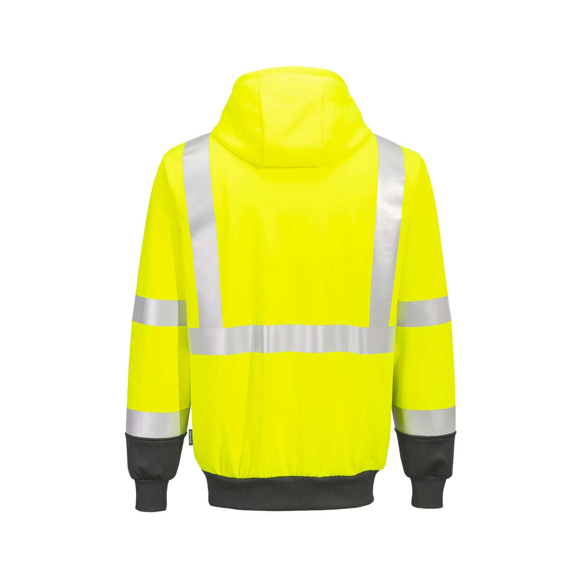 Yellow safety jacket with reflective stripes on a white background