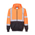 Orange and black safety jacket with reflective stripes on a white background