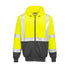High-visibility hoodie with reflective stripes on a white background.  Portwest UB315  Hi-Vis Contrast Zipped Hoodie