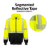 High-visibility jacket with segmented reflective tape on a white background.  Portwest UB320 Hi-Vis Contrast Segmented Tape Zipped Hoodie