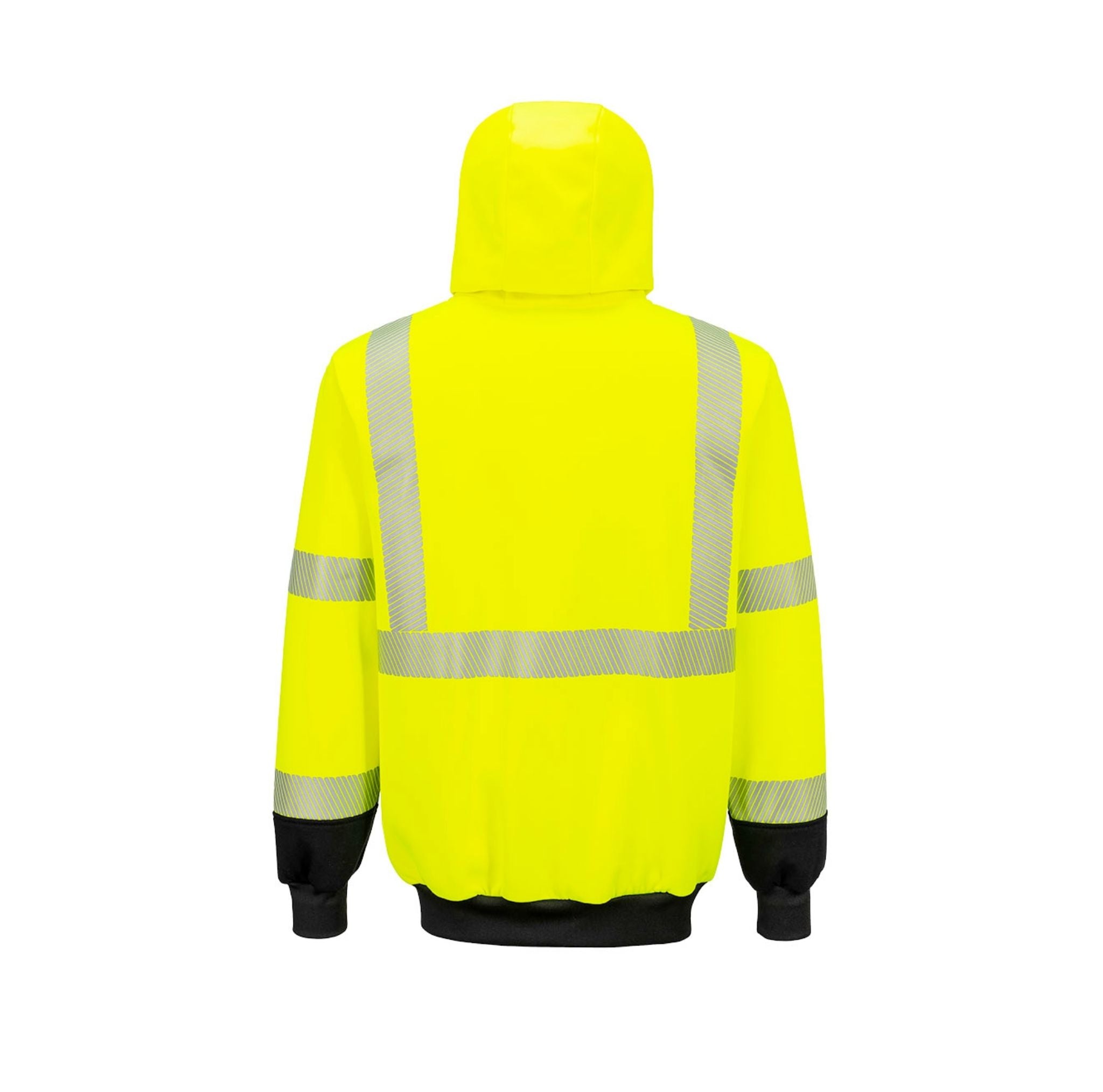 Yellow safety jacket with reflective stripes on a white background
