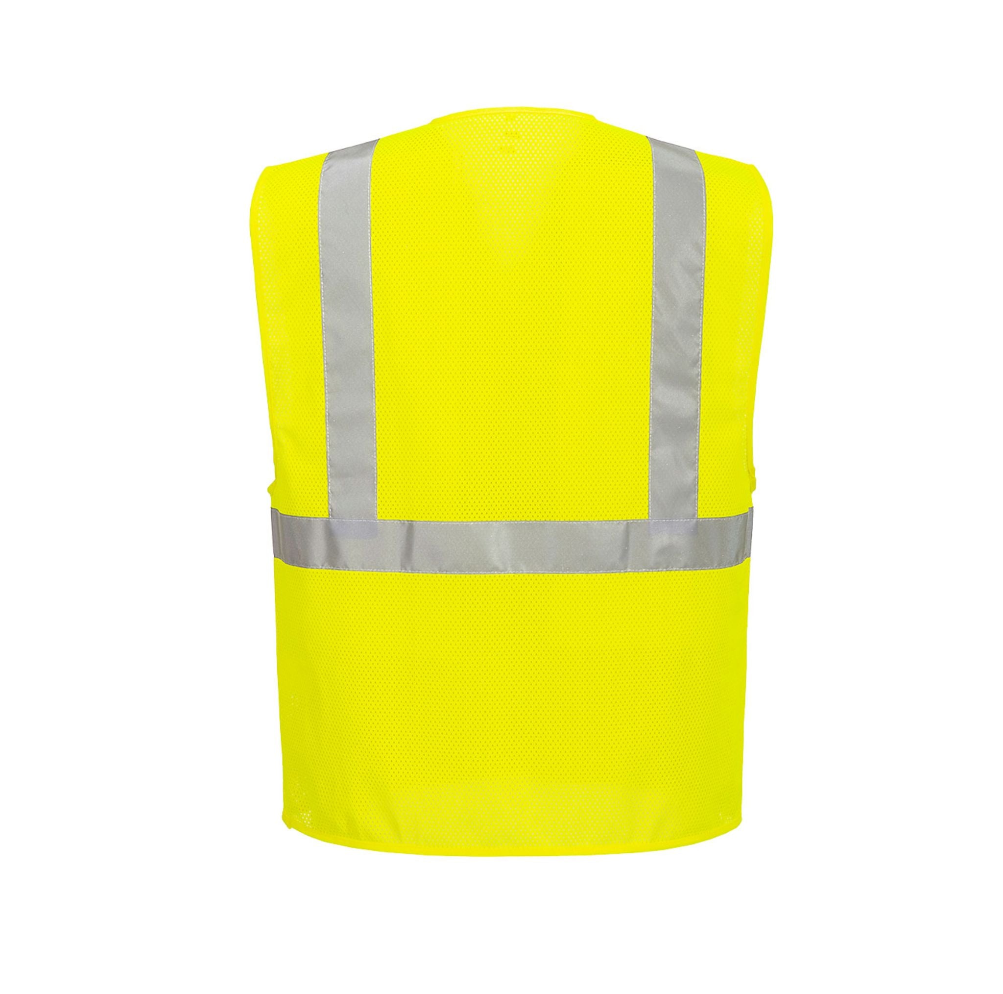 The back of a Yellow safety vest with reflective stripes on a white background