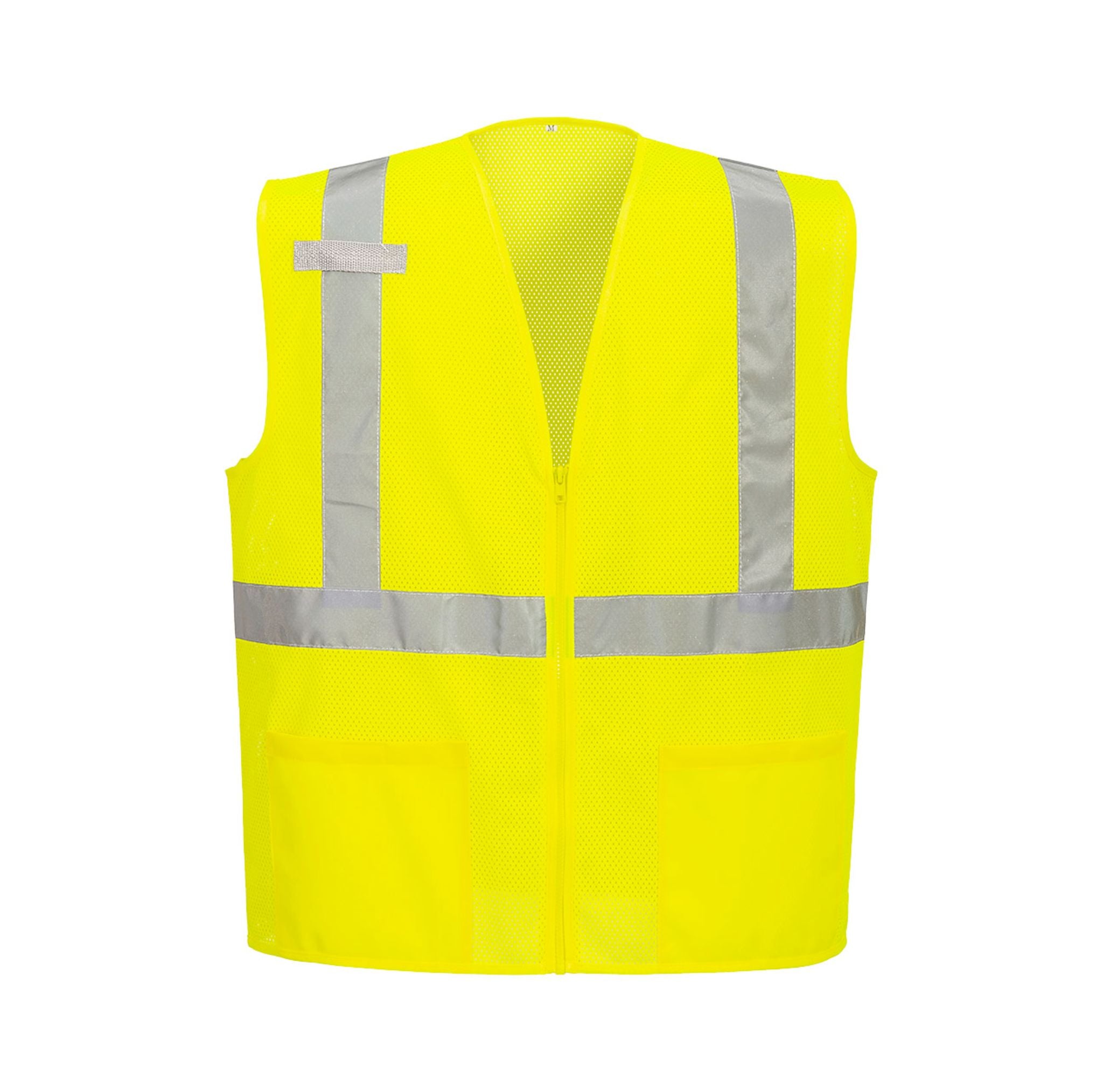 Yellow safety vest with reflective stripes on a white background.  Portwest UC495 Economy Hi-Vis Mesh External Pocket Vest