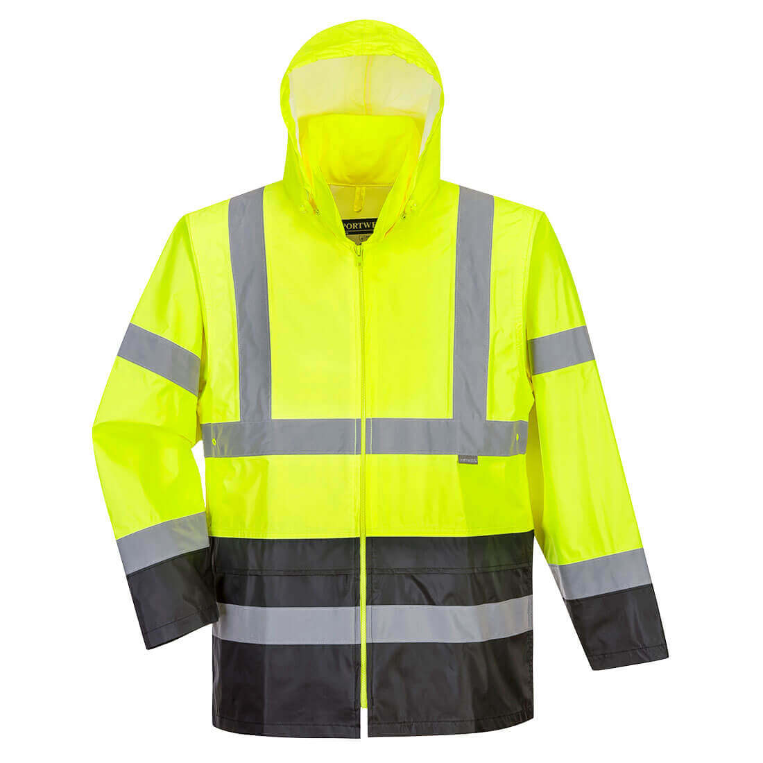 For maximum visibility, safety, and dryness during inclement weather, this lightweight, stylish two-tone jacket is an ideal choice!   hi-vis rainwear available at Baremotion