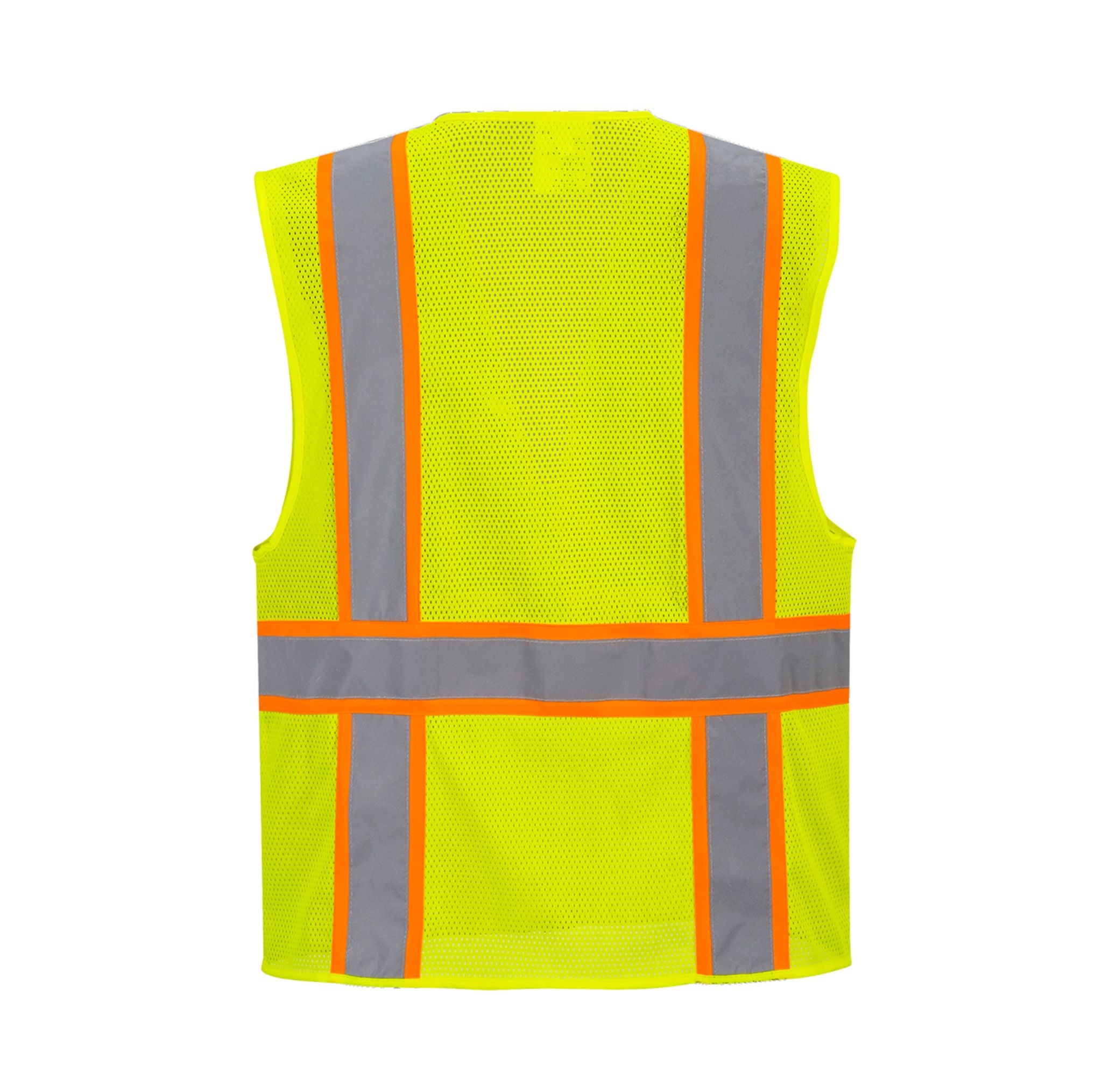 Yellow safety vest with reflective stripes on a white background