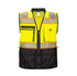 Yellow and black safety vest with reflective stripes on a white background.  Portwest US375 Premium Surveyor Vest