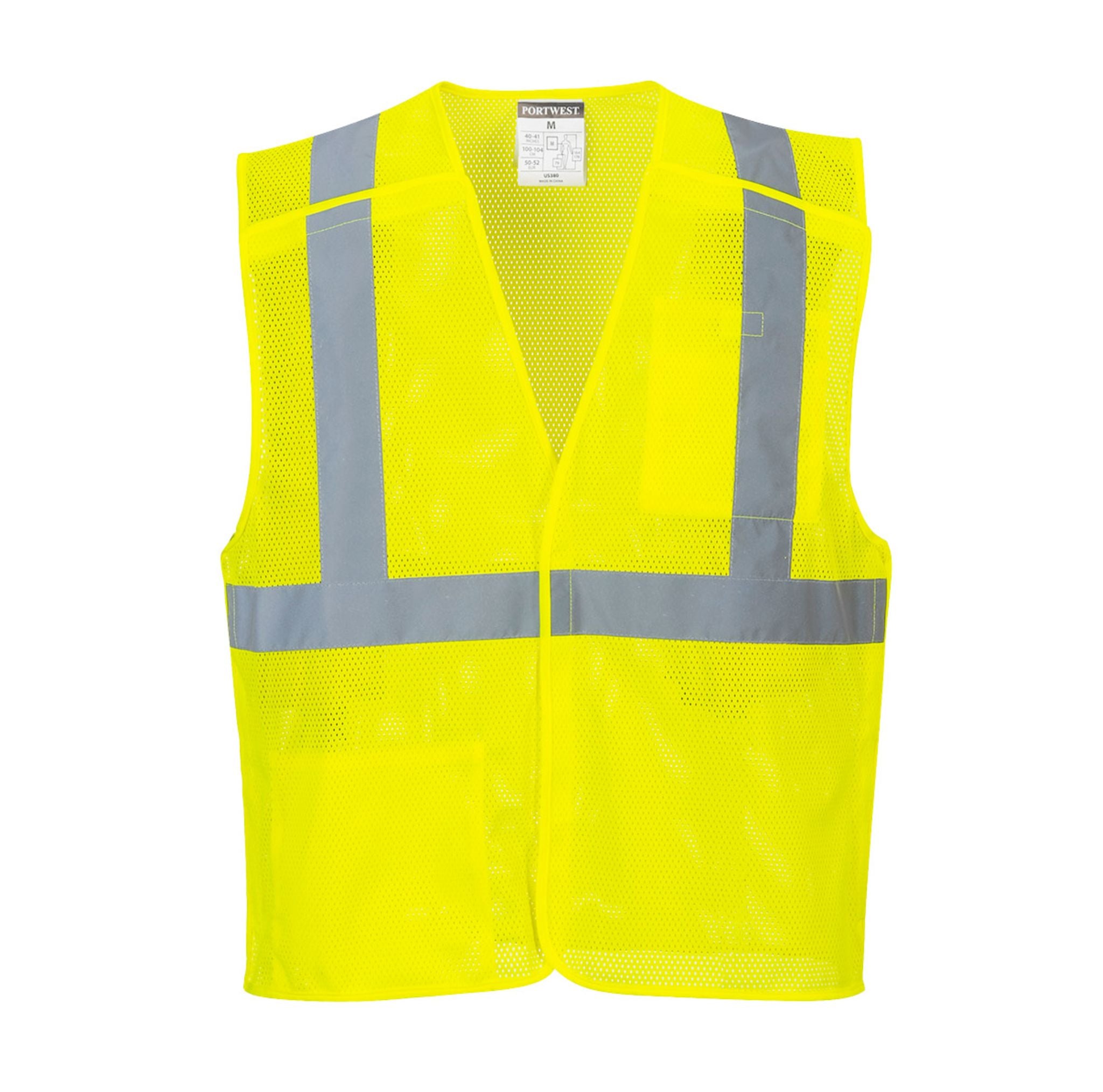 Yellow safety vest with reflective stripes on a white background.  Portwest US384 Economy Hi-Vis Breakaway Safety Vest