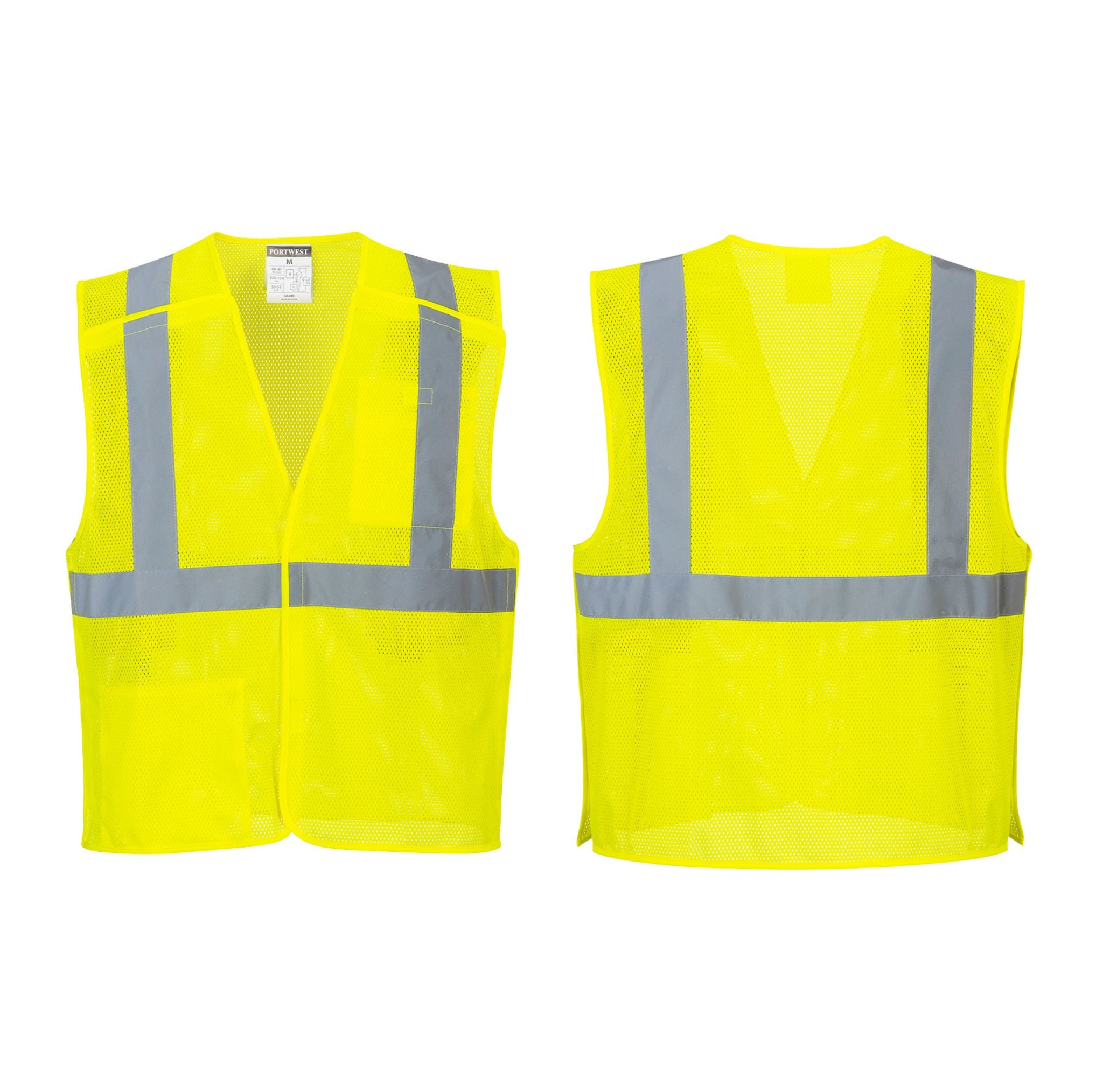 Yellow safety vest with reflective stripes on a white background.  Back & front view Portwest US384 Economy Hi-Vis Breakaway Safety Vest
