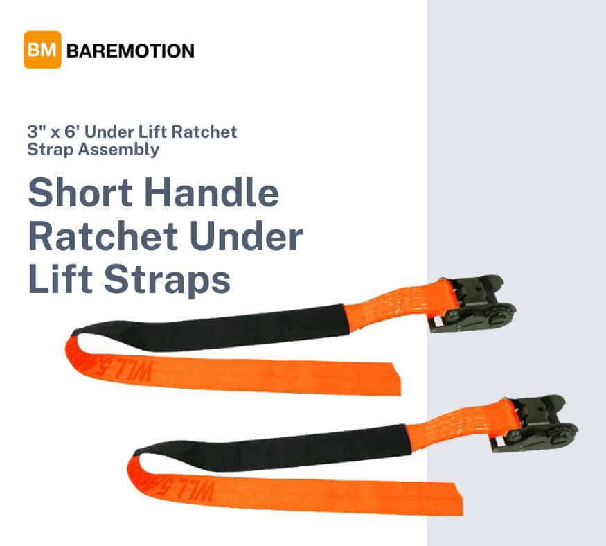 Orange 3" x 6' Underlift Tie Down Straps with short handle ratchet and protective sleeve