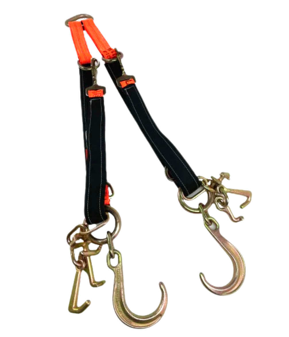 All in One V-Bridle Tow Strap comes with a re-enforced protective sleeve! Use as an axle strap when transporting luxury vehicles or J-hooks for other applications. Made with Orange Diamond Weave webbing