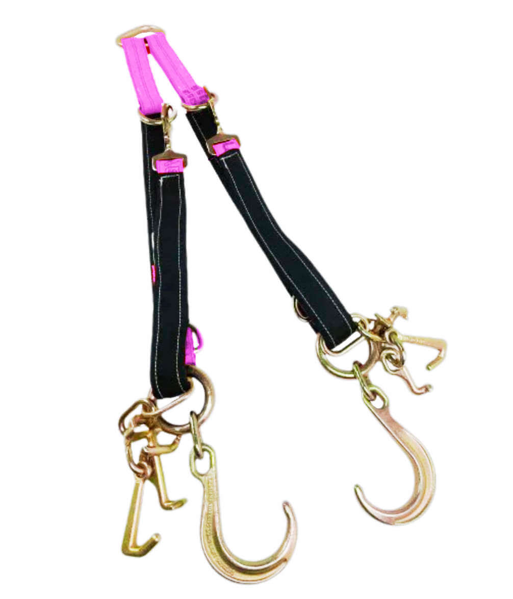 Multi v-bridle axle strap with a variety of hooks to work with when hauling or transporting vehicles