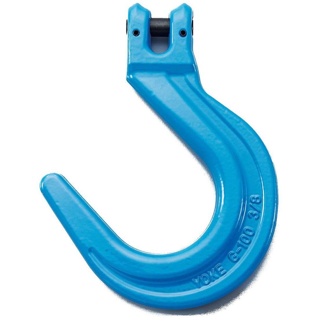 Yoke Grade 100 Clevis Foundry Hook designed for chain sling assemblies.  Blue color lifting Hook