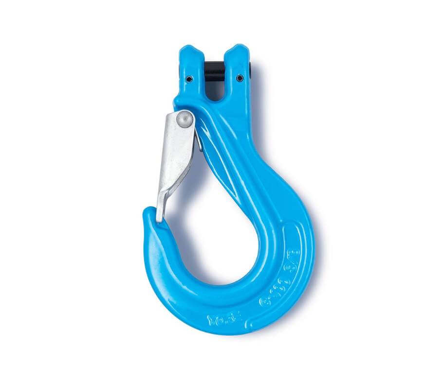 Yoke Grade 100 Clevis Sling Hooks with Safety Latch.  Commonly utilized with both lifting chain slings and wire rope slings, these hooks feature a latch for enhanced security and safety during lifting operations.  Blue colored Hook available in several sizes at Baremotion