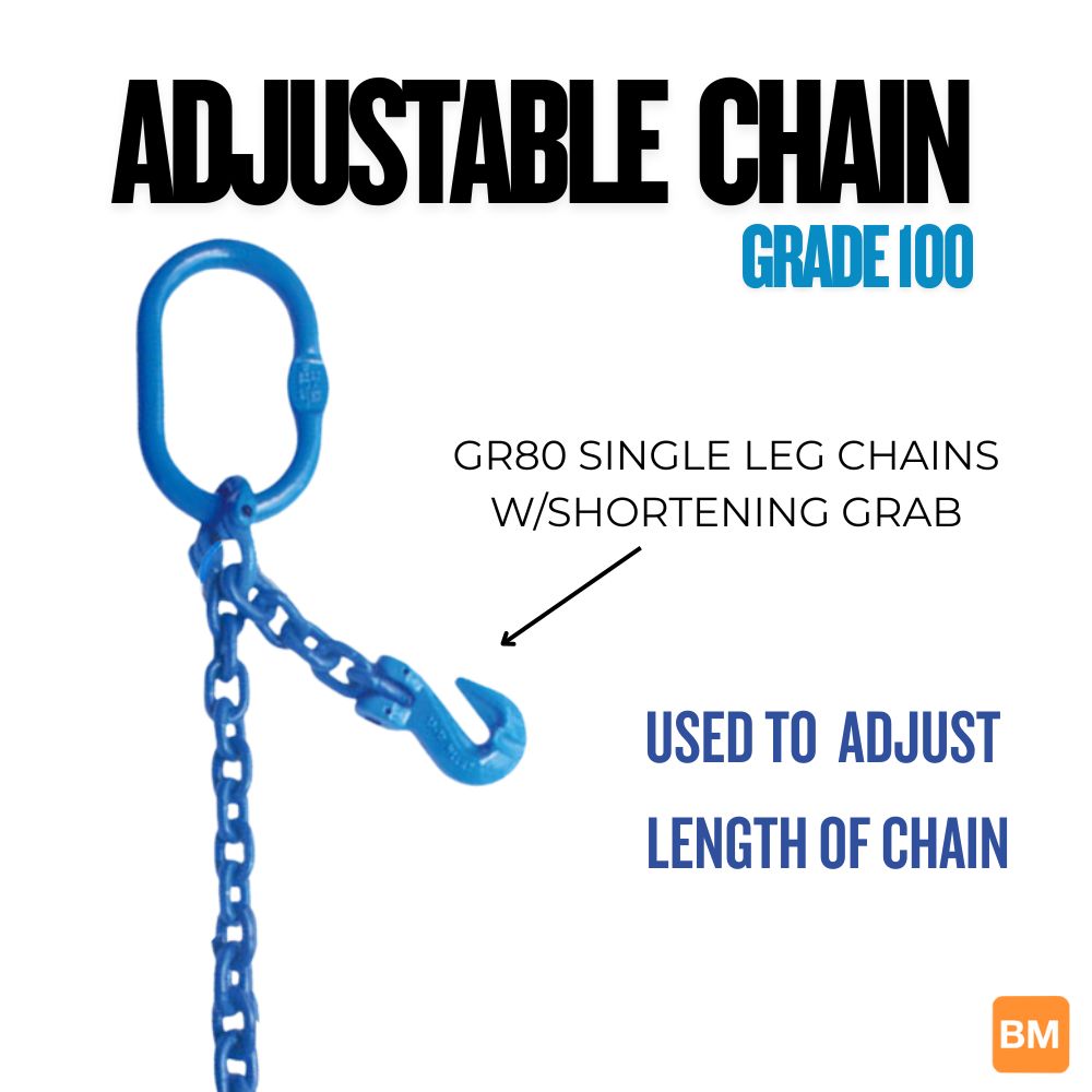 Blue adjustable alloy chain sling on a white background, labeled 'Adjustable Chain Grade 100'.