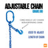 Blue adjustable alloy chain sling on a white background, labeled 'Adjustable Chain Grade 100'.
