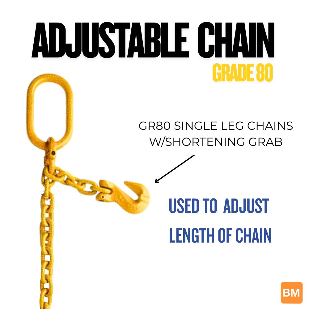 Adjustable grade 80 chain with shortening grab hook to adjust length of the chain.  Available at Baremotion with Free US Continental Shipping.