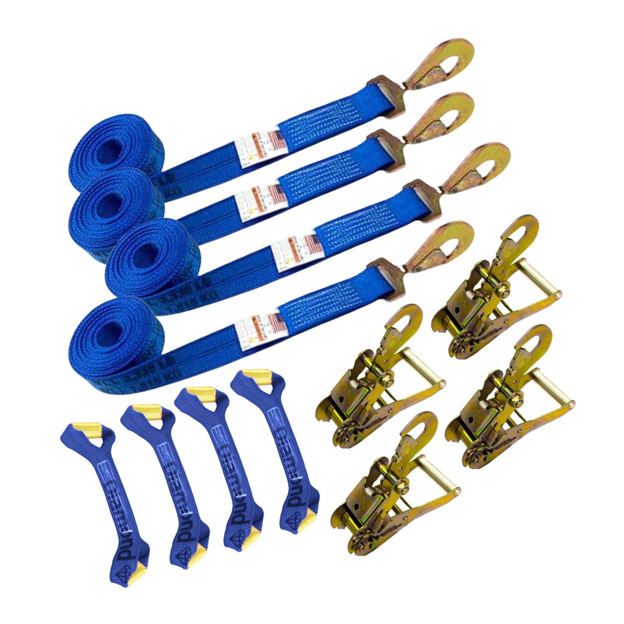 Blue 8-Point Tie Down Kit Twisted Snap Hooks Diamond Weave.  Includes a set of straps with twisted snap hooks and ratchets with snap hook, and towing straps called dogbones.  Total towing system available at Baremotion