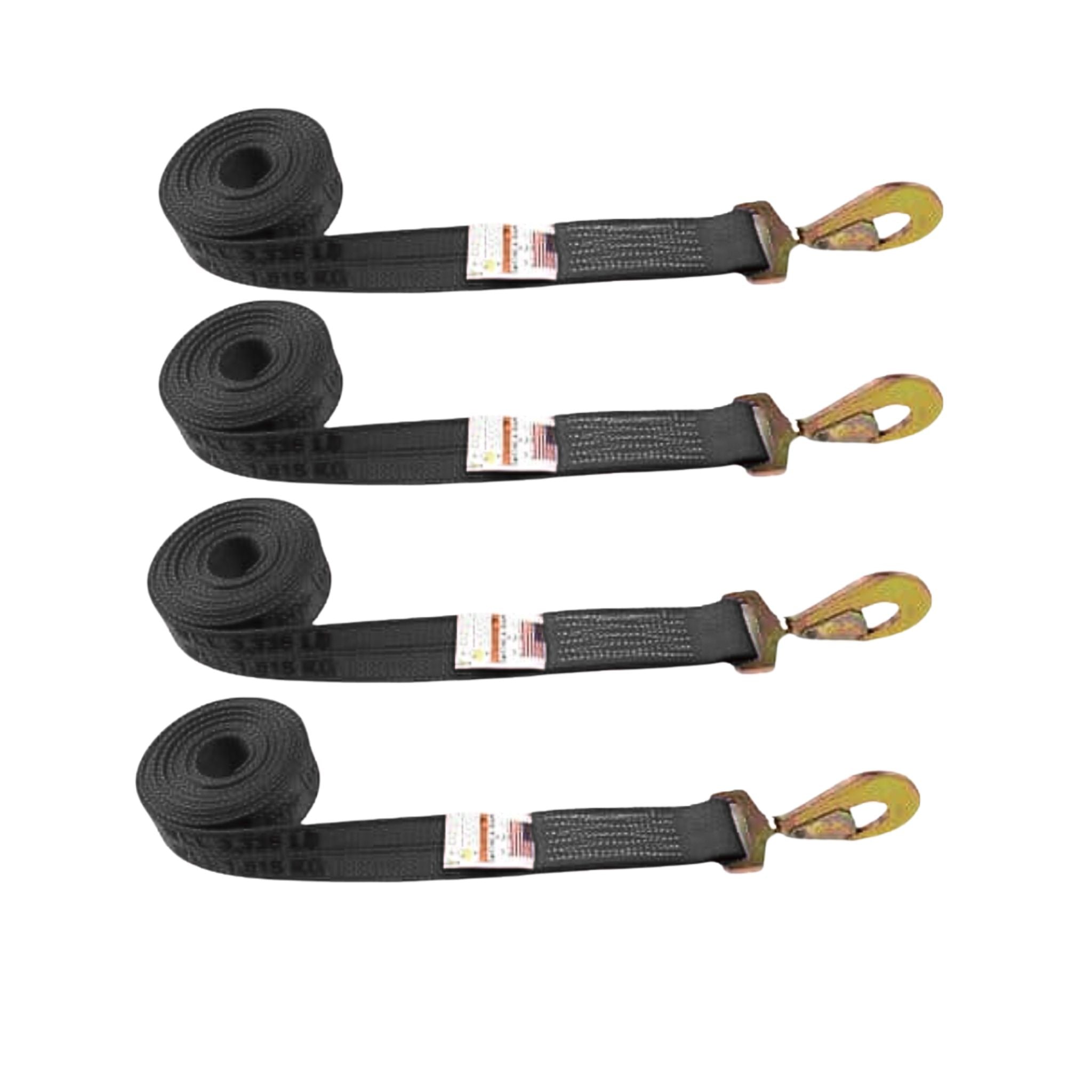Four black straps made of Diamond Weave with wisted snap hooks.  Used for transport and towing vehicles.  Ab\available for purchase at Baremotion.com 