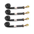 Four black straps made of Diamond Weave with wisted snap hooks.  Used for transport and towing vehicles.  Ab\available for purchase at Baremotion.com 