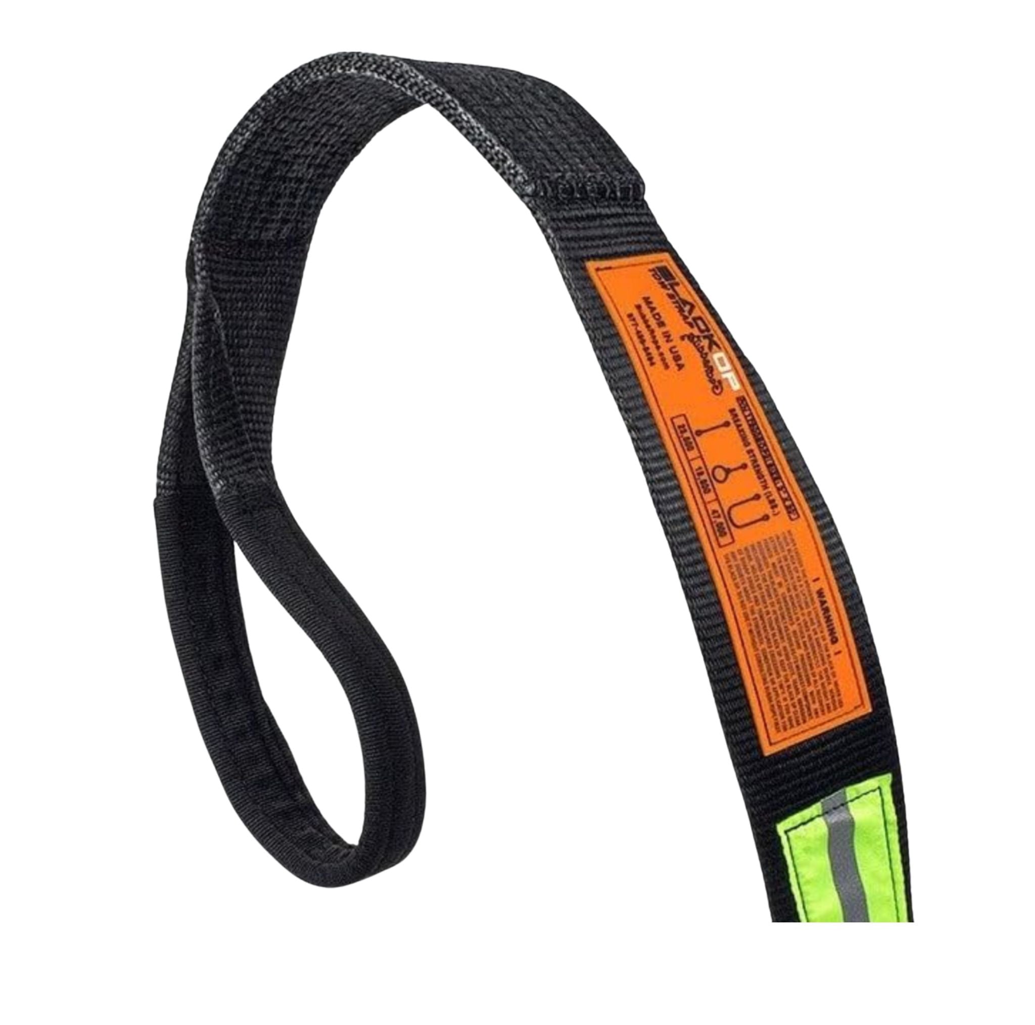 Black strap with an orange label on a white background.  Recovery tow strap 