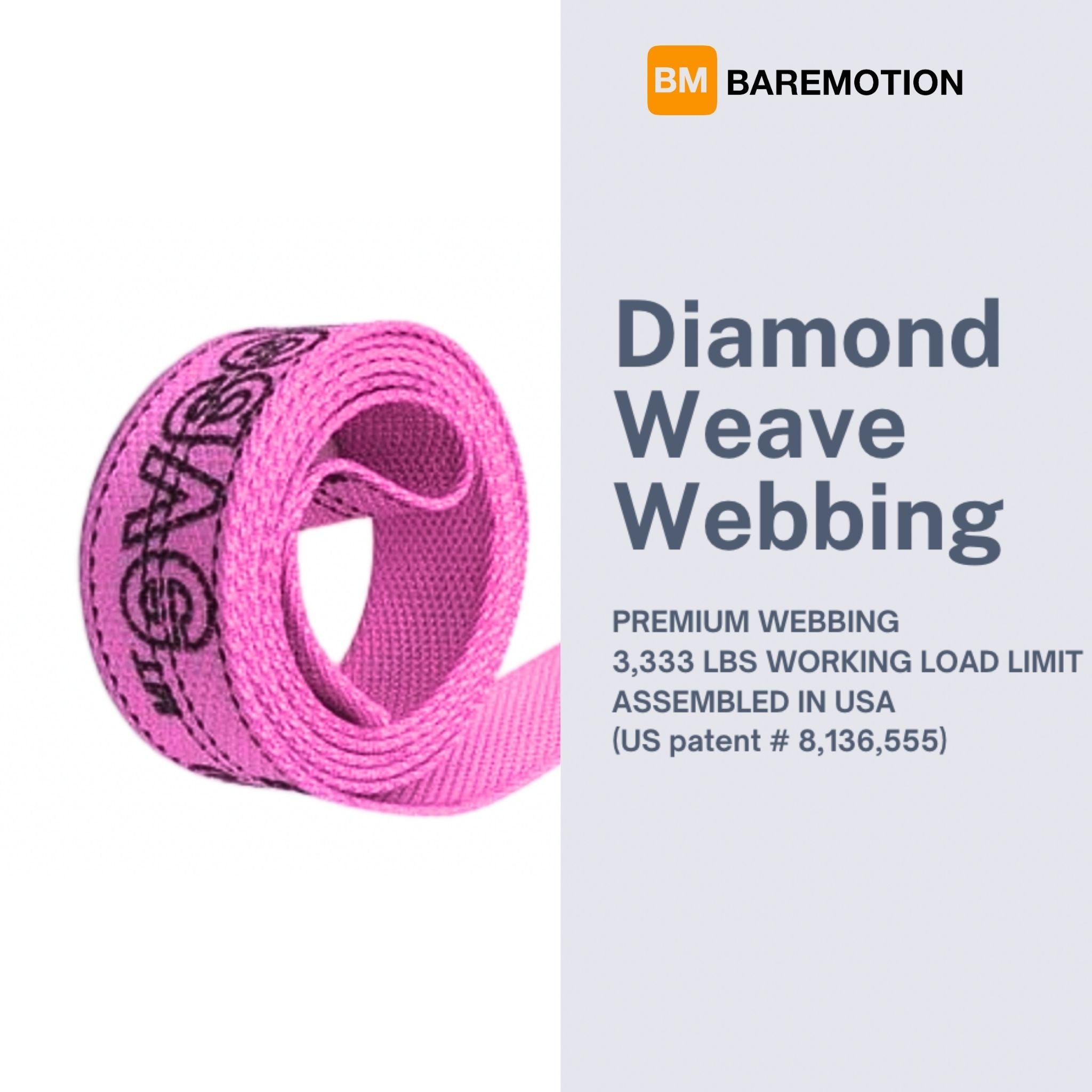 Pink diamond weave webbing with Baremotion branding on a white background