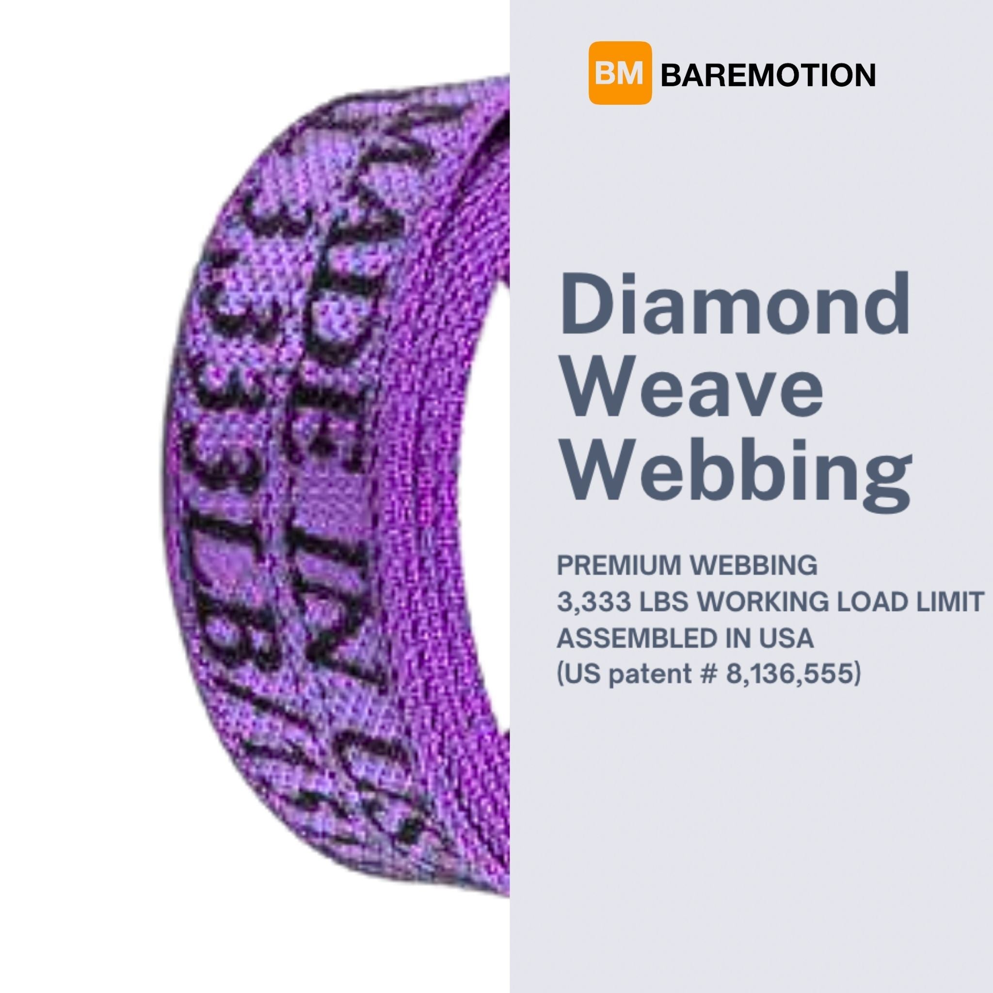 Purple webbing with 'Baremotion' branding and text about diamond weave webbing on a white background.