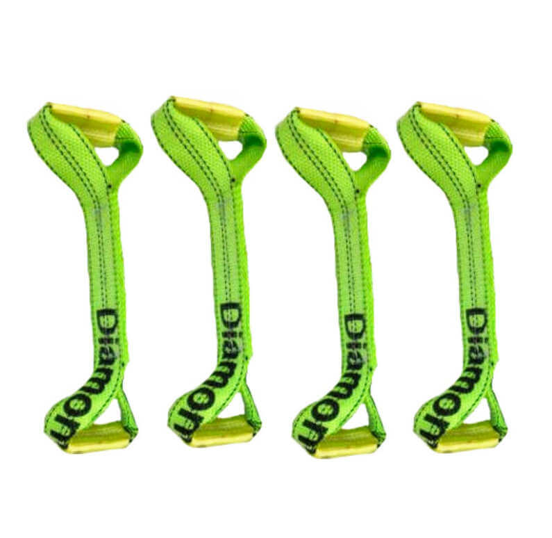 4-pack of Hi-Vis Green Dog Bone tie down straps.  Mainly used in the towing industry these tie-downs come in a variety of colors.  Available at Baremotion