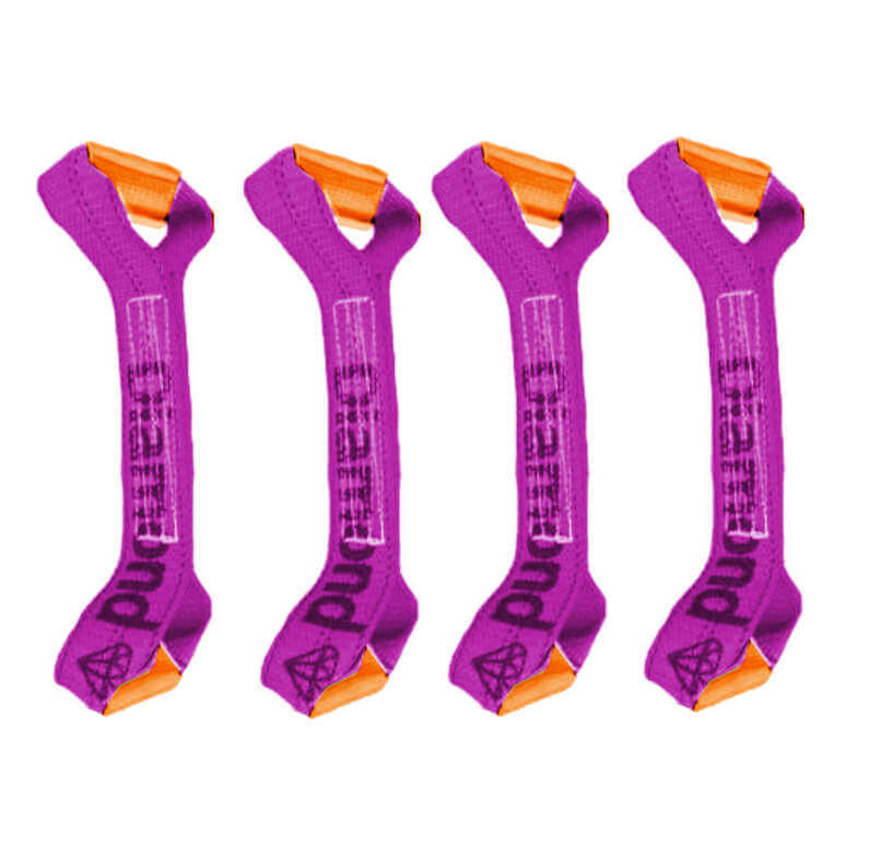 Purple dog bone straps made with reinforced eyes on each end for added durability and strengh.  4-pack available at Baremotion