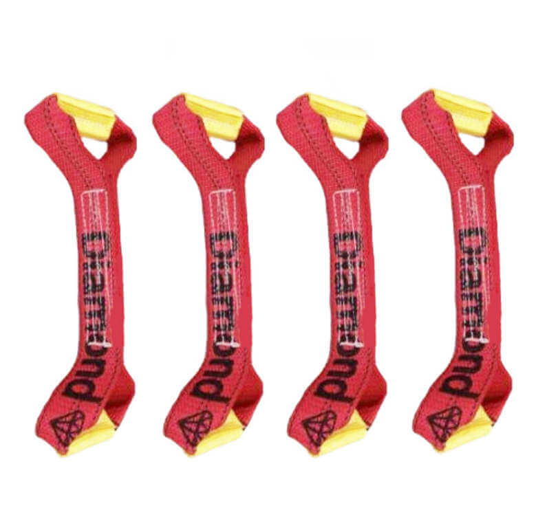 These short straps, known as dog bones in the towing industry, come with reinforced loop ends.  Red in color.  4-pack available at Baremotion.