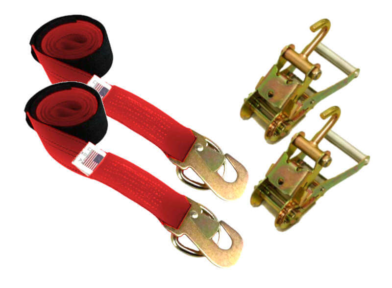 Finger Ratchets w/ specialty tie-down straps snap hook and D-ring made with Diamond Weave Red webbing.  You get 2 of each & Free US Shipping