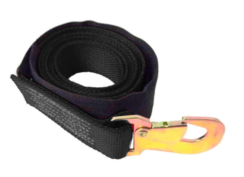 2" x 8' Tie-down Strap with a Snap Hook.  Black strap with protective sleeve.