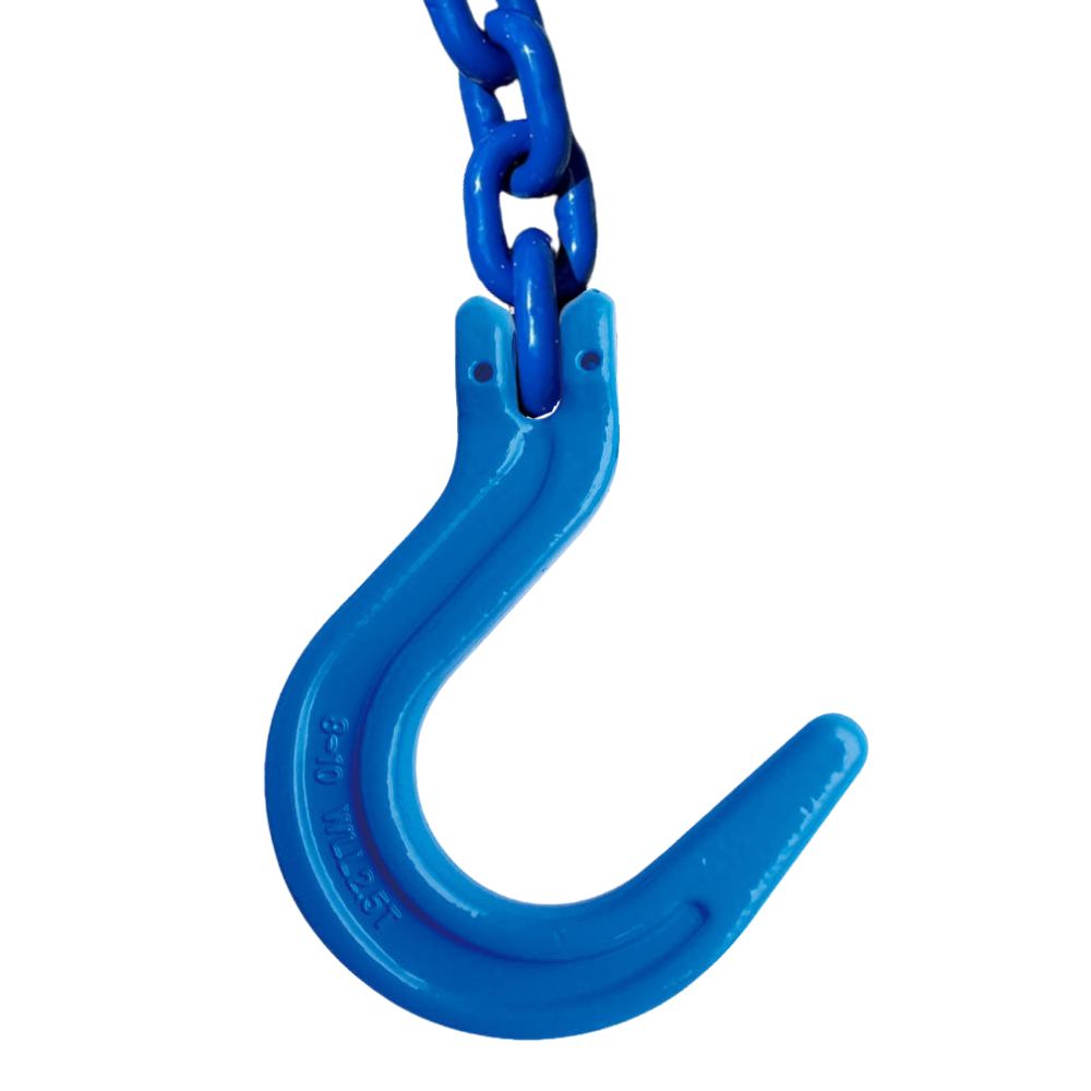 Blue lifting foundry hook with chain on a white background
